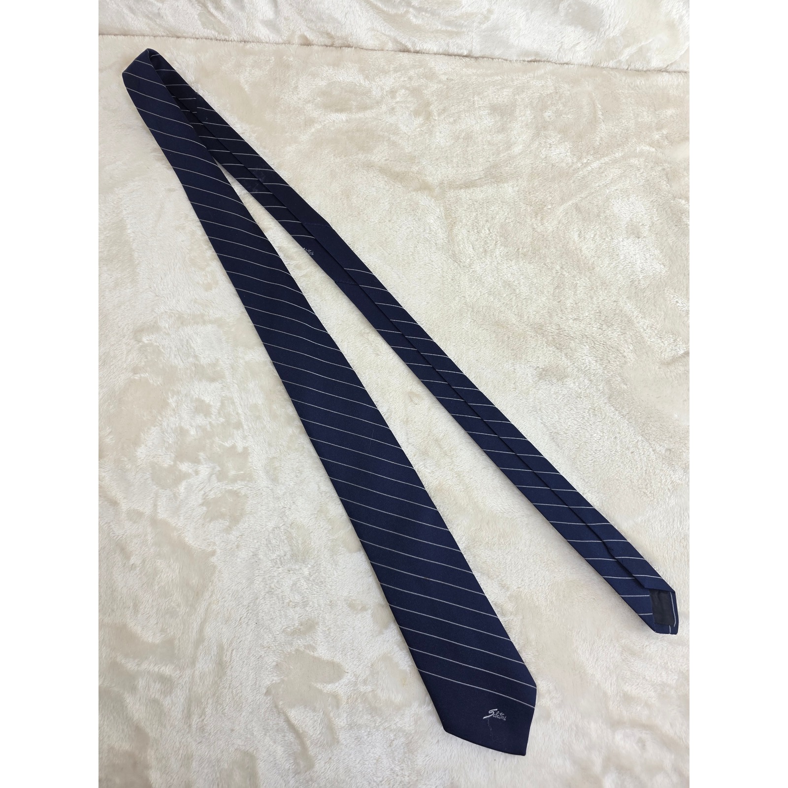 Sabatini Mens Silk Blend Necktie Navy Blue White Diagonal Pinstripe Formal Tie